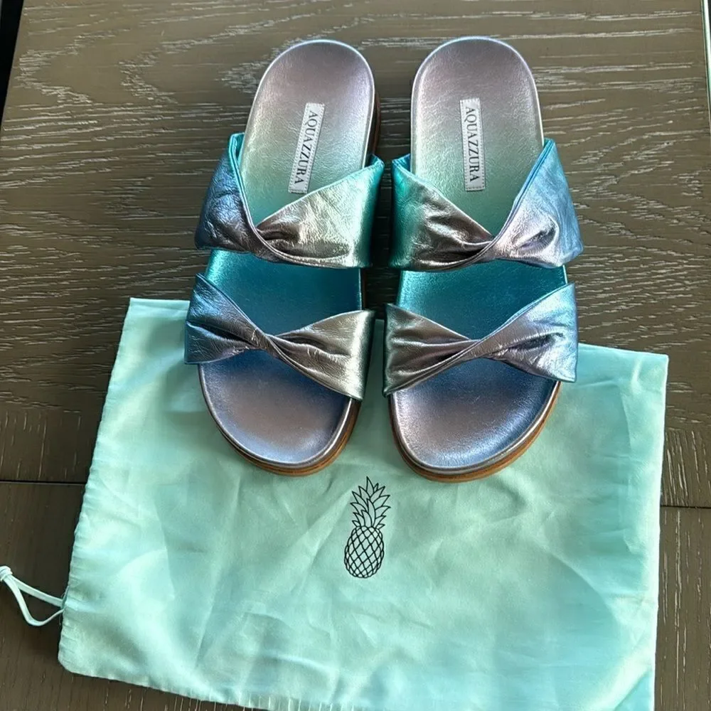 Aquazzura Twist Leather Metallic Blue Sandals Slides Made in Italy Size 38 NWOB